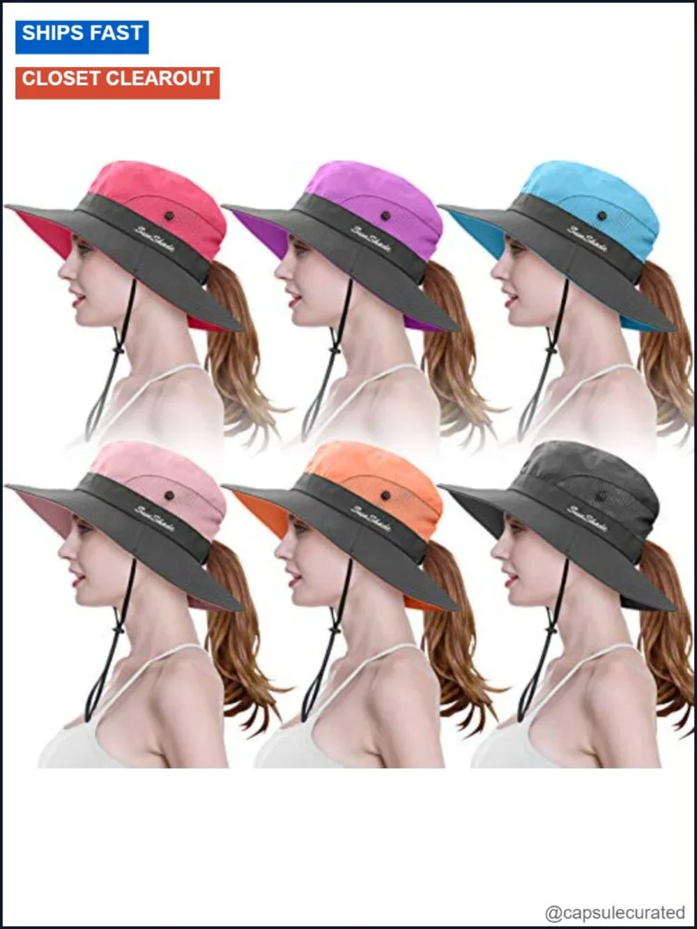 6 Pack Women's Ponytail Sun Hat Wide Brim UPF 50+ Packable Foldable Beach Hat
